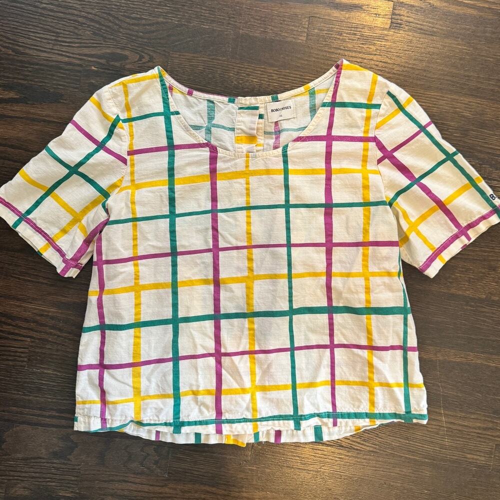 Bobo Choses | Women's Colorful Grid Check 100% Cotton Boxy Short Sleeve Top XS